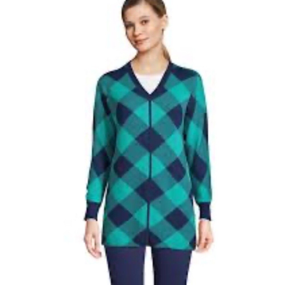 Lands End 100% Cotton Argyle/Plaid Pocket Sweater Women Pullover V Neck S (6-8)